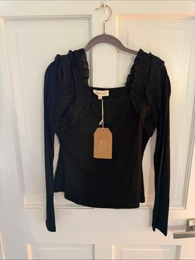 Listicle Black Ruffle-Trim Long Sleeve Top